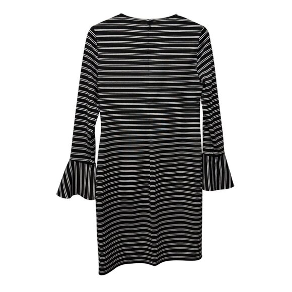 Size 6 Chaps Black White Stripe Ponte Knit Sheath Dress Flared Bell Sleeve - Picture 6 of 10